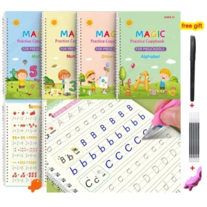 Writing Exercise Books Kit 4 Copybook (Alphabet, Number, Drawing, Math) + 1 Pen Case + 6 Refills + 1 Holder