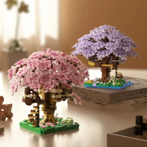 Pink cherry tree house building micro-particle building